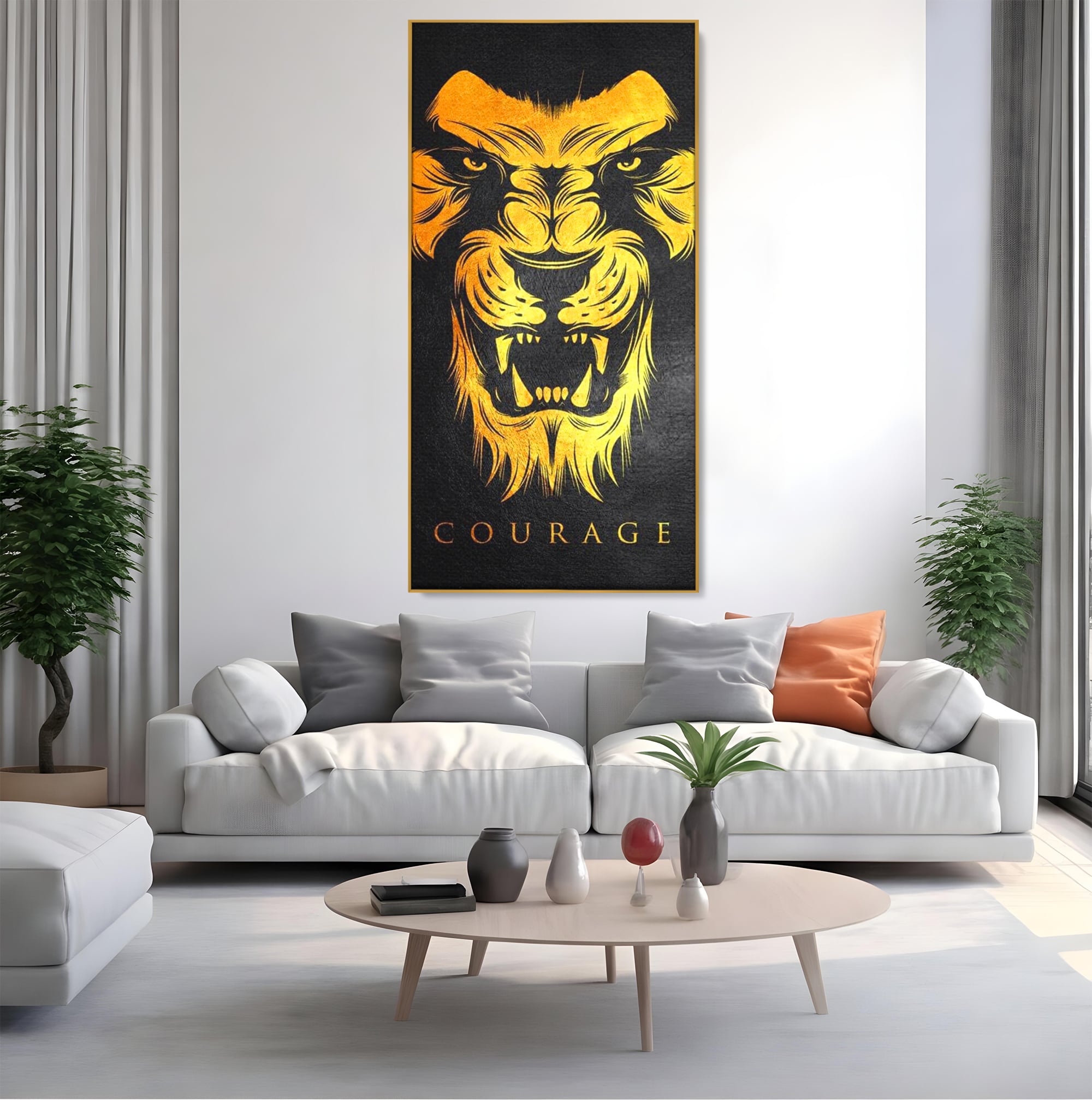 Tablou canvas cu tablou canvas cu leu aurit, in rama de aluminiu auriu, pe perete intr-un living